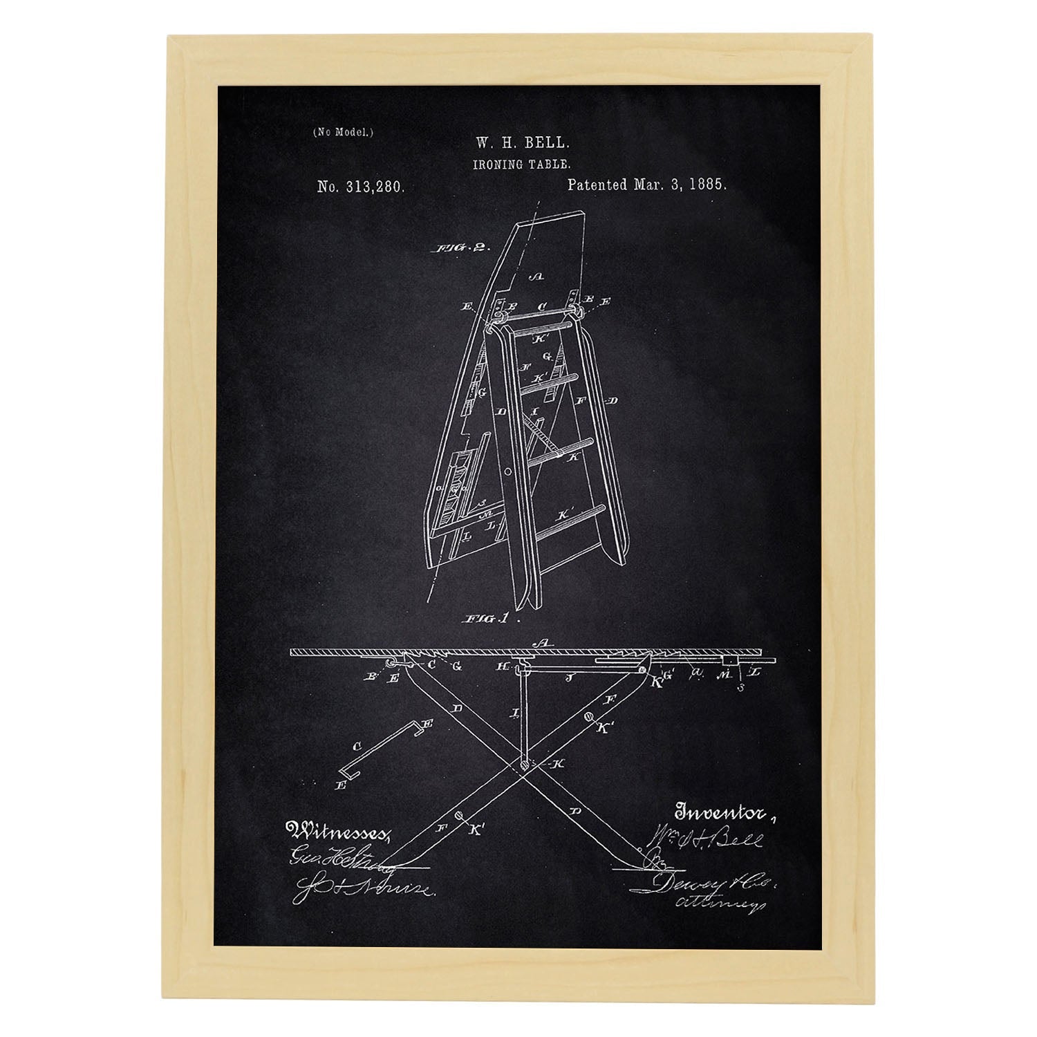 Poster con patente de Tabla de planchar. Lámina con diseño de patente antigua-Artwork-Nacnic-A4-Marco Madera clara-Nacnic Estudio SL