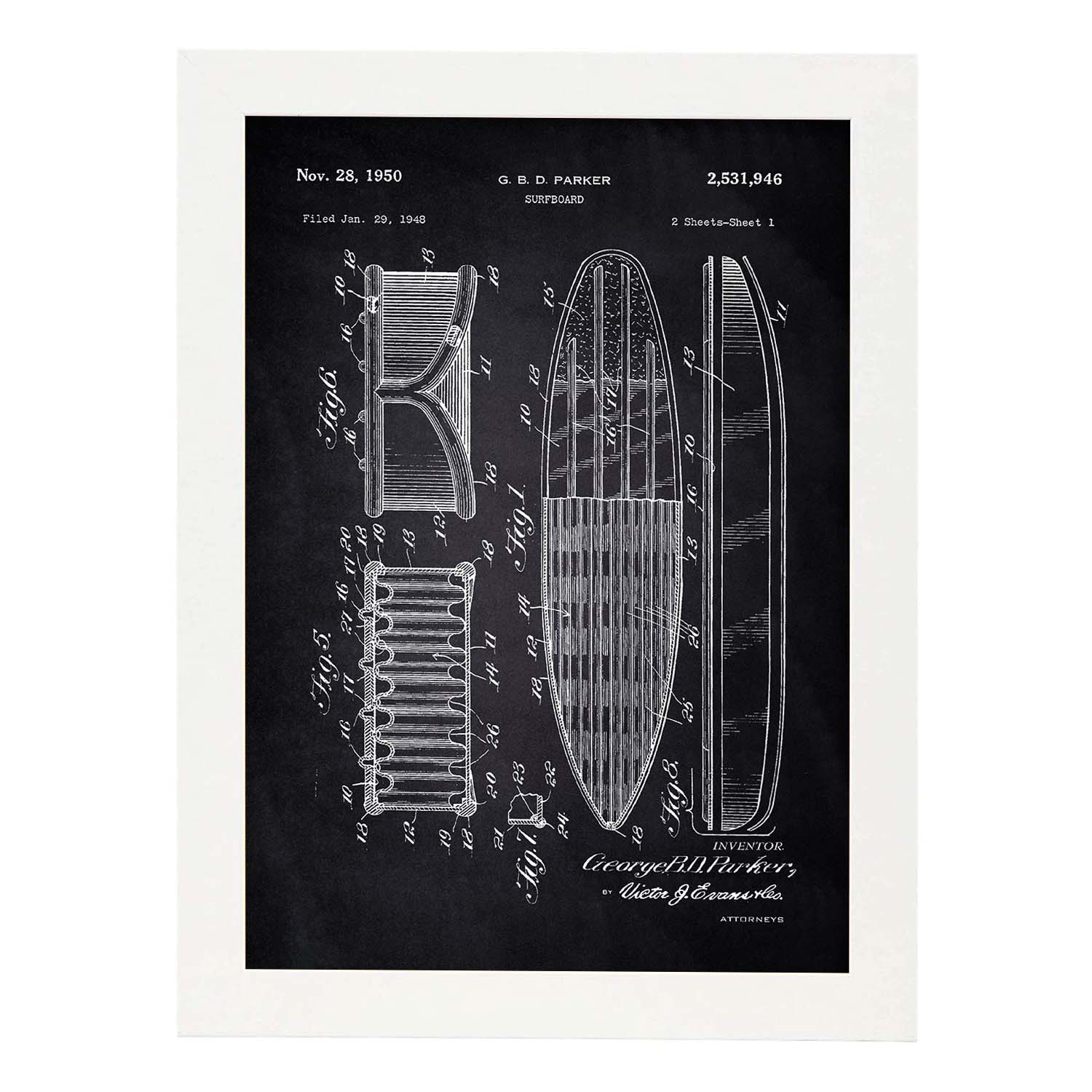 Poster con patente de Tabla de surf 2. Lámina con diseño de patente antigua-Artwork-Nacnic-A3-Marco Blanco-Nacnic Estudio SL