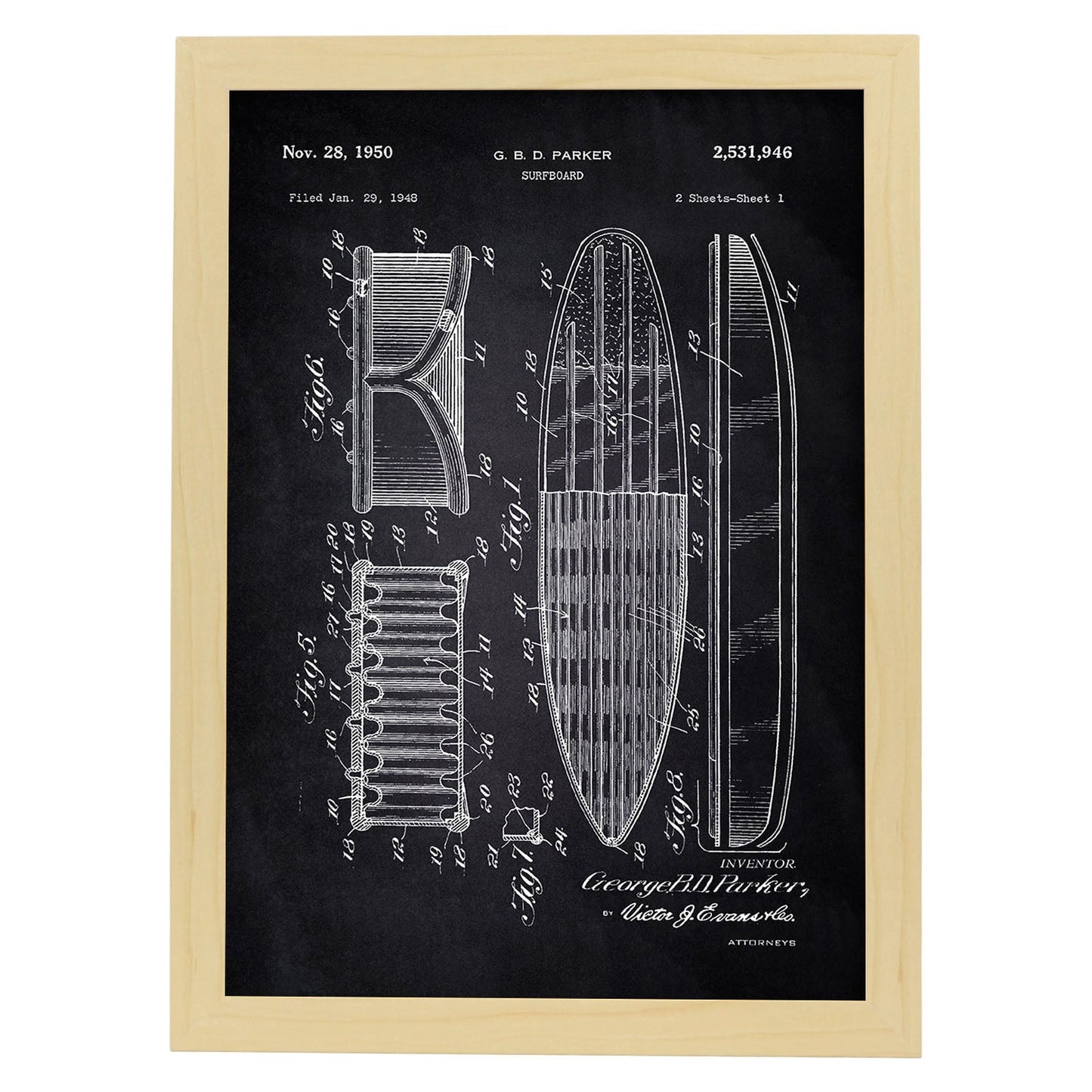 Poster con patente de Tabla de surf 2. Lámina con diseño de patente antigua-Artwork-Nacnic-A3-Marco Madera clara-Nacnic Estudio SL