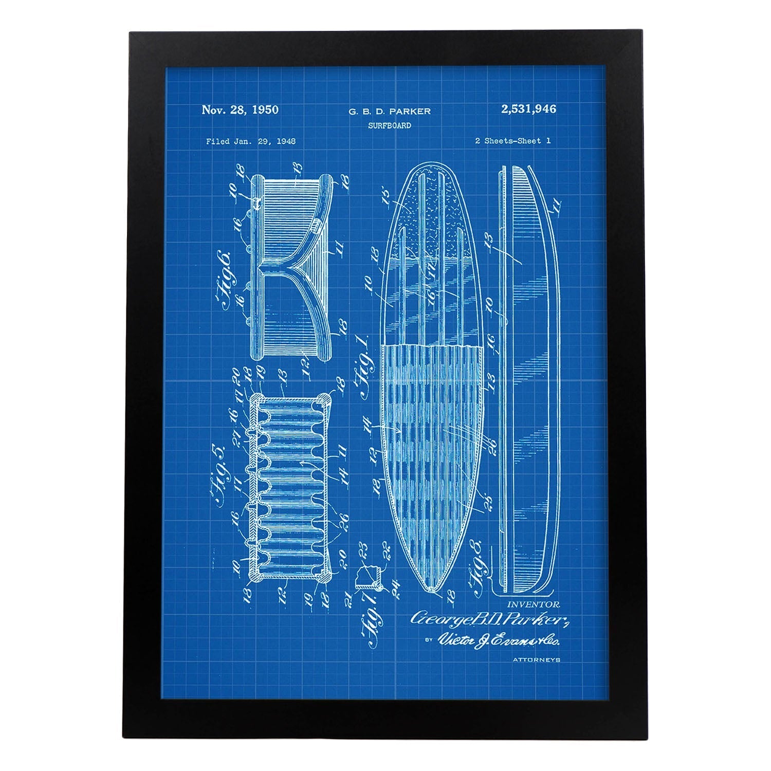 Poster con patente de Tabla de surf 2. Lámina con diseño de patente antigua-Artwork-Nacnic-A3-Marco Negro-Nacnic Estudio SL