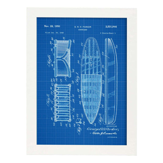 Poster con patente de Tabla de surf 2. Lámina con diseño de patente antigua-Artwork-Nacnic-A4-Marco Blanco-Nacnic Estudio SL