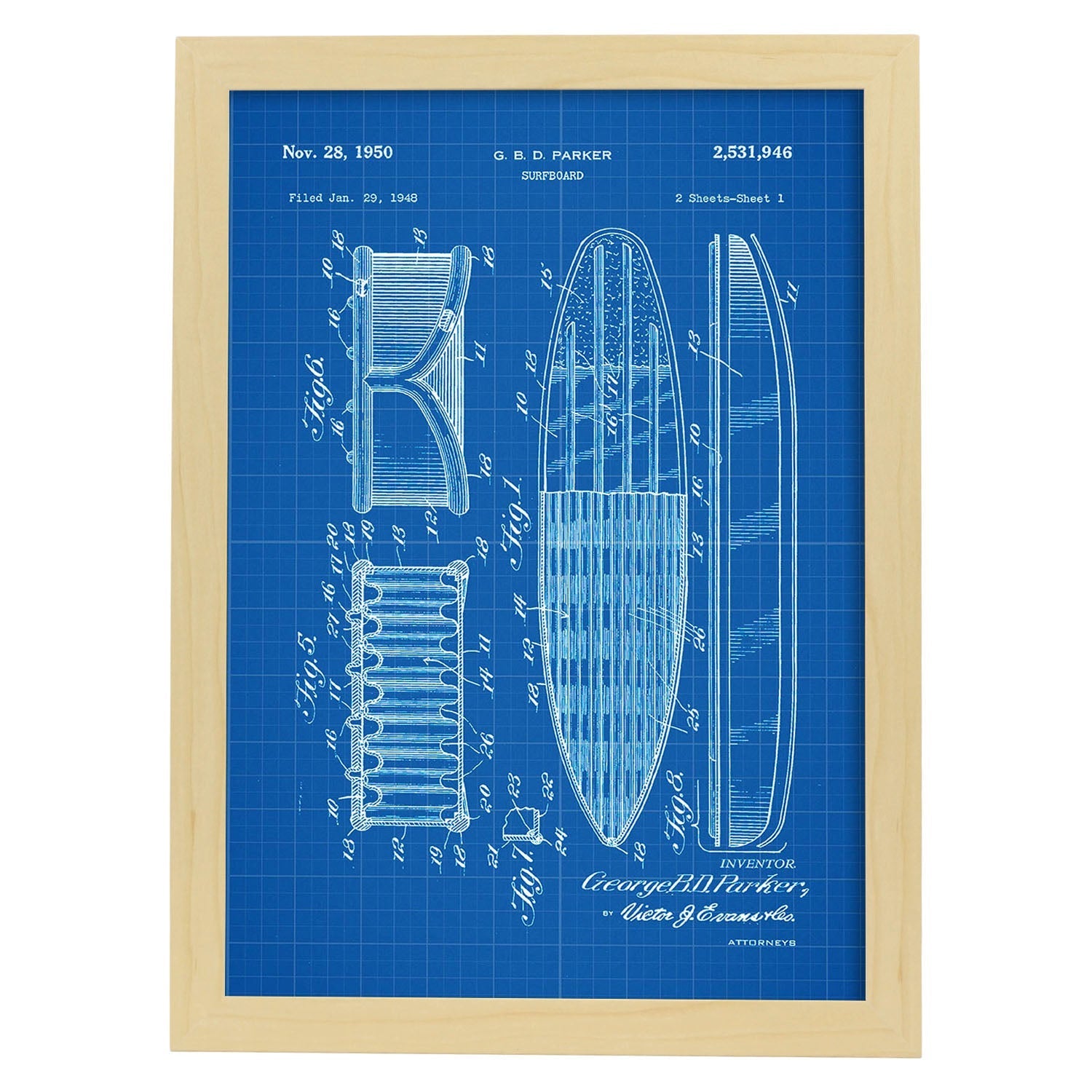 Poster con patente de Tabla de surf 2. Lámina con diseño de patente antigua-Artwork-Nacnic-A4-Marco Madera clara-Nacnic Estudio SL