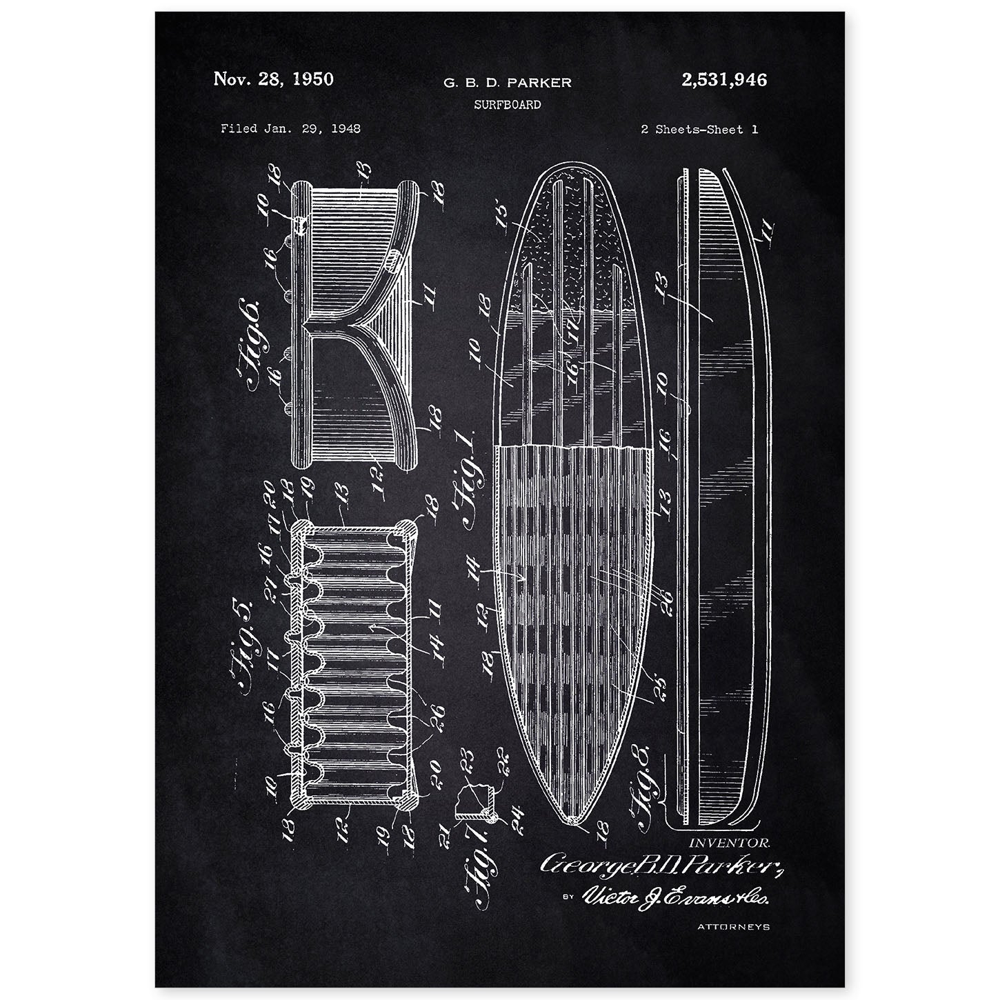 Poster con patente de Tabla de surf 2. Lámina con diseño de patente antigua-Artwork-Nacnic-A4-Sin marco-Nacnic Estudio SL