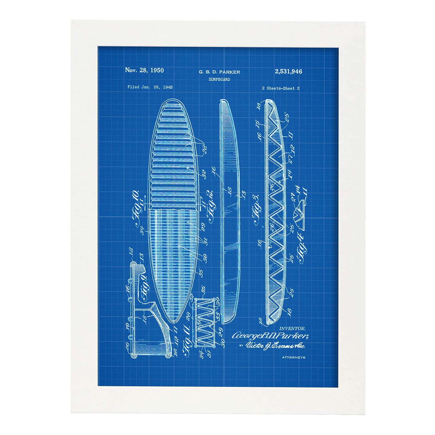 Poster con patente de Tabla de surf. Lámina con diseño de patente antigua-Artwork-Nacnic-A3-Marco Blanco-Nacnic Estudio SL