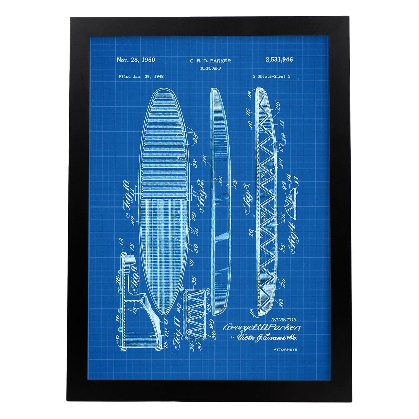 Poster con patente de Tabla de surf. Lámina con diseño de patente antigua-Artwork-Nacnic-A3-Marco Negro-Nacnic Estudio SL