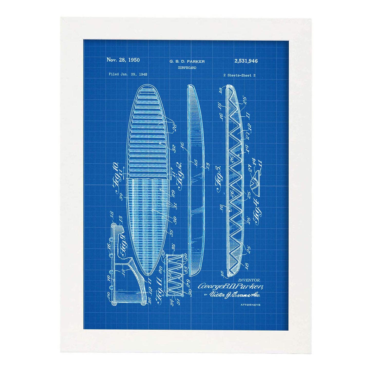 Poster con patente de Tabla de surf. Lámina con diseño de patente antigua-Artwork-Nacnic-A4-Marco Blanco-Nacnic Estudio SL