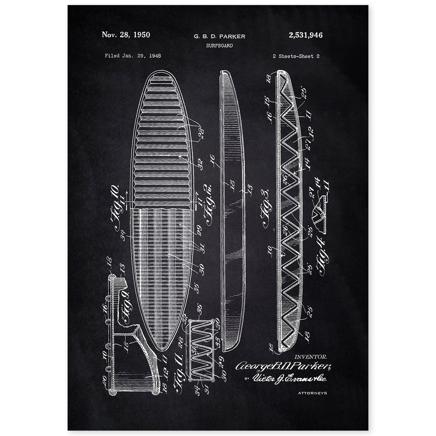 Poster con patente de Tabla de surf. Lámina con diseño de patente antigua-Artwork-Nacnic-A4-Sin marco-Nacnic Estudio SL