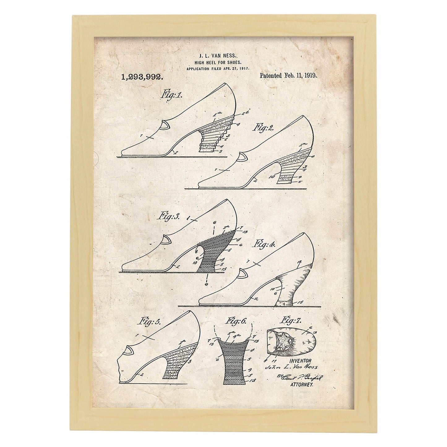 Poster con patente de Tacon para zapatos. Lámina con diseño de patente antigua.-Artwork-Nacnic-A3-Marco Madera clara-Nacnic Estudio SL