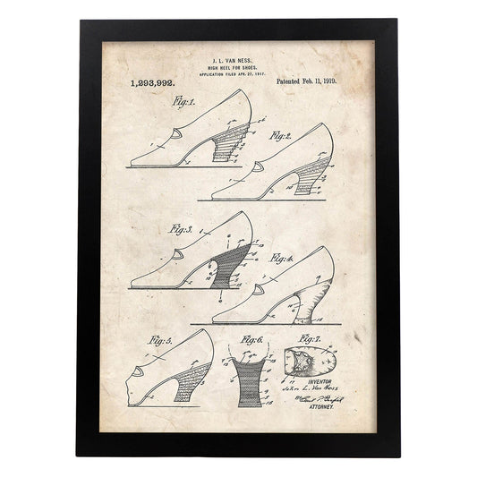 Poster con patente de Tacon para zapatos. Lámina con diseño de patente antigua.-Artwork-Nacnic-A3-Marco Negro-Nacnic Estudio SL