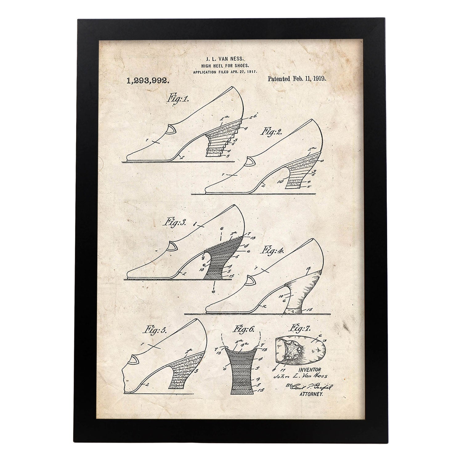 Poster con patente de Tacon para zapatos. Lámina con diseño de patente antigua.-Artwork-Nacnic-A4-Marco Negro-Nacnic Estudio SL