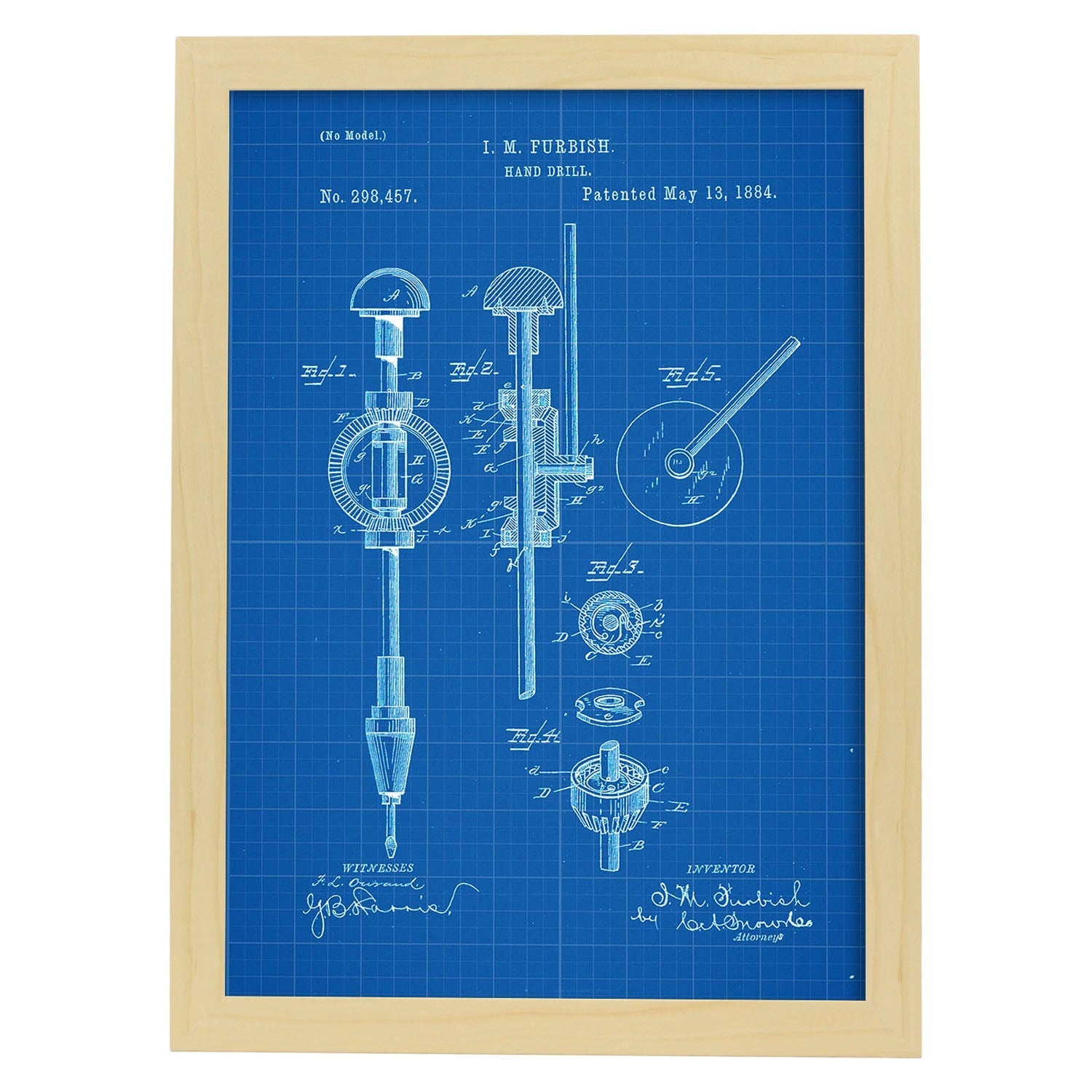 Poster con patente de Taladro de mano. Lámina con diseño de patente antigua-Artwork-Nacnic-A3-Marco Madera clara-Nacnic Estudio SL