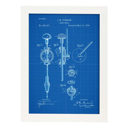 Poster con patente de Taladro de mano. Lámina con diseño de patente antigua-Artwork-Nacnic-A4-Marco Blanco-Nacnic Estudio SL