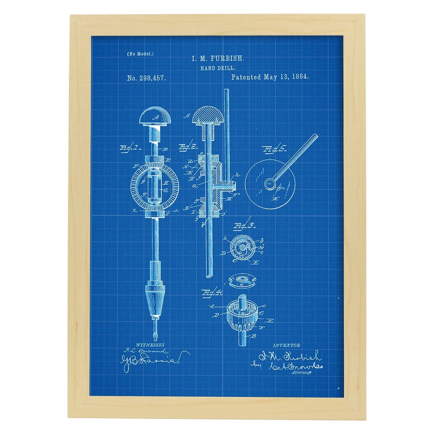 Poster con patente de Taladro de mano. Lámina con diseño de patente antigua-Artwork-Nacnic-A4-Marco Madera clara-Nacnic Estudio SL