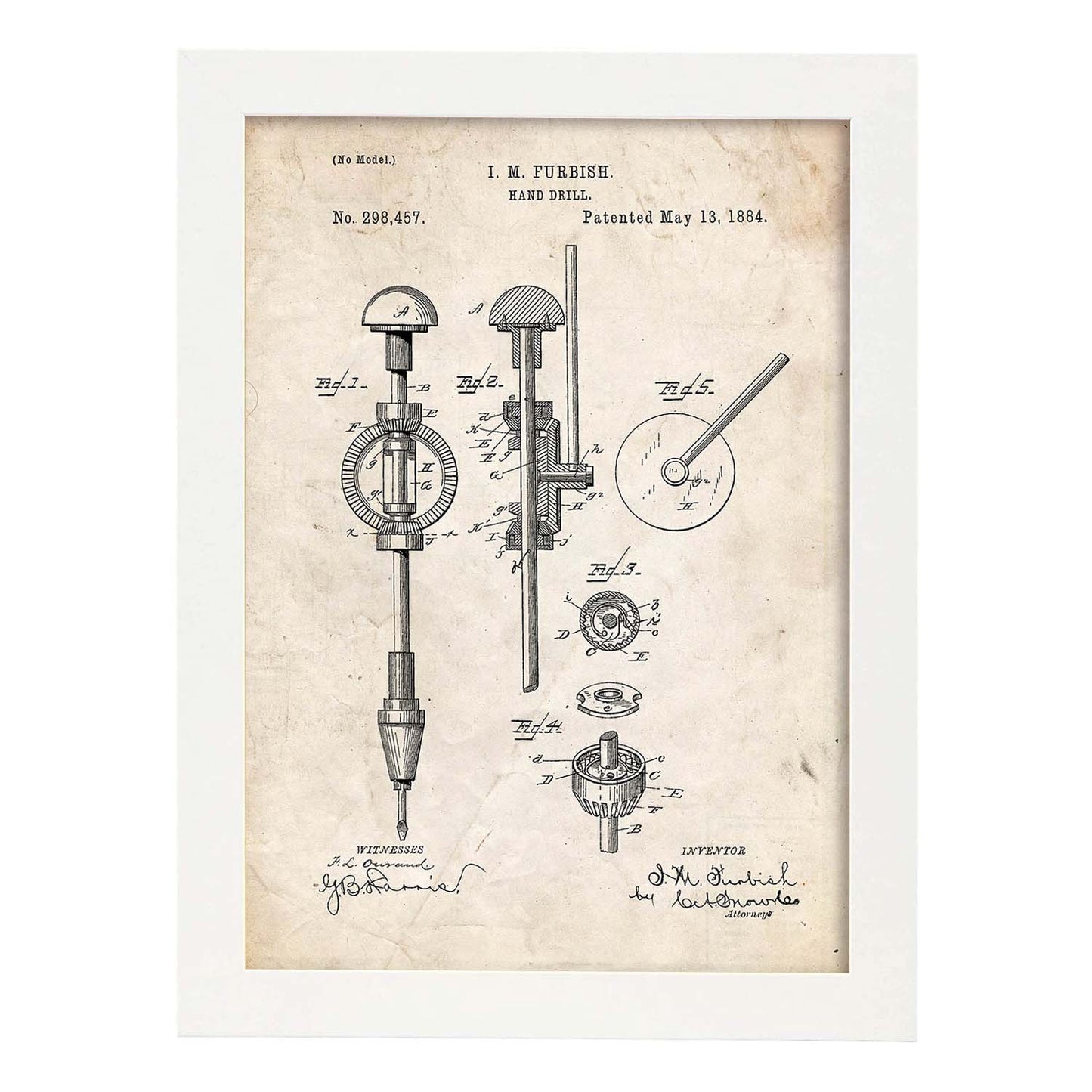 Poster con patente de Taladro de mano. Lámina con diseño de patente antigua.-Artwork-Nacnic-A3-Marco Blanco-Nacnic Estudio SL