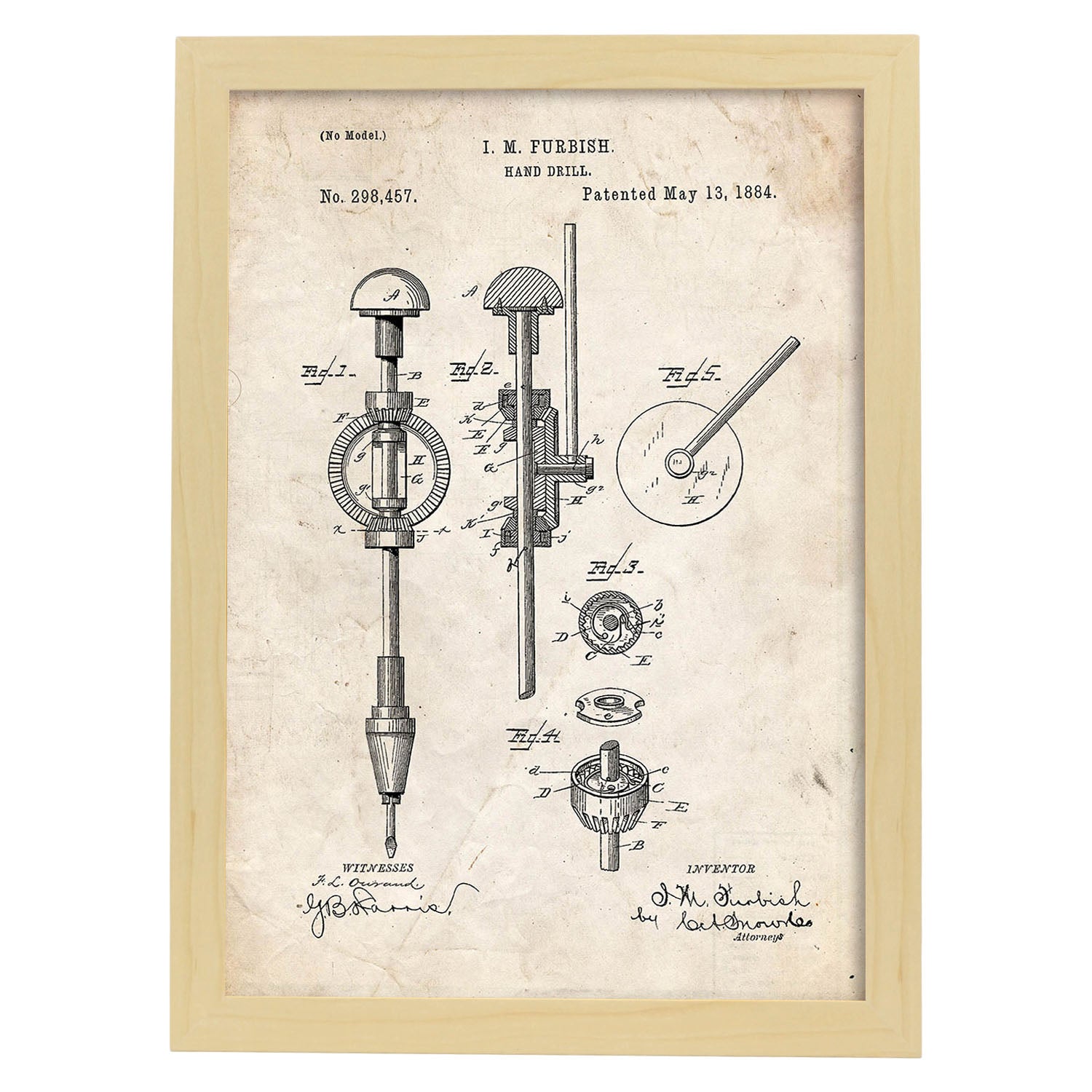 Poster con patente de Taladro de mano. Lámina con diseño de patente antigua.-Artwork-Nacnic-A3-Marco Madera clara-Nacnic Estudio SL