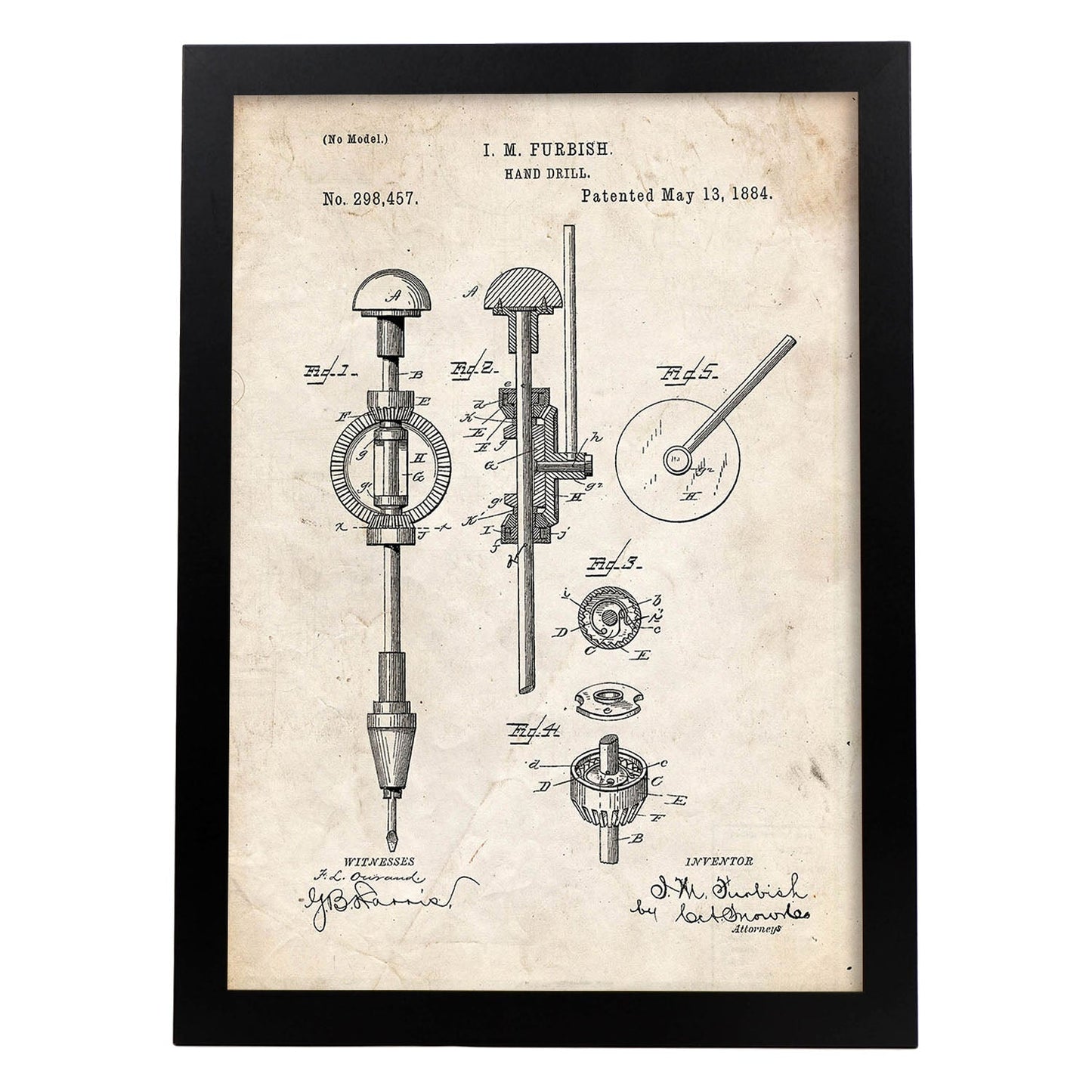 Poster con patente de Taladro de mano. Lámina con diseño de patente antigua.-Artwork-Nacnic-A3-Marco Negro-Nacnic Estudio SL