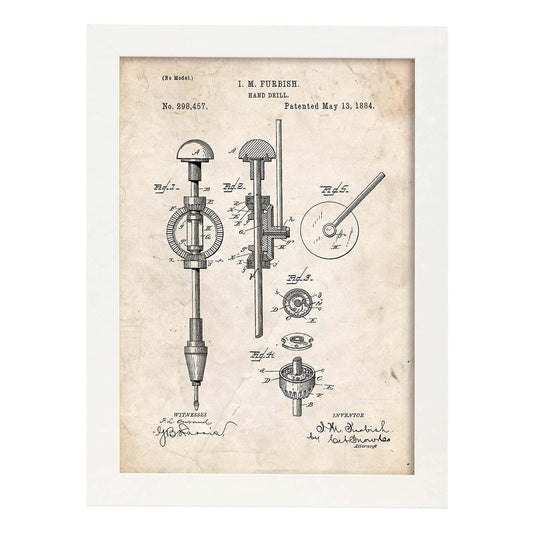 Poster con patente de Taladro de mano. Lámina con diseño de patente antigua.-Artwork-Nacnic-A4-Marco Blanco-Nacnic Estudio SL