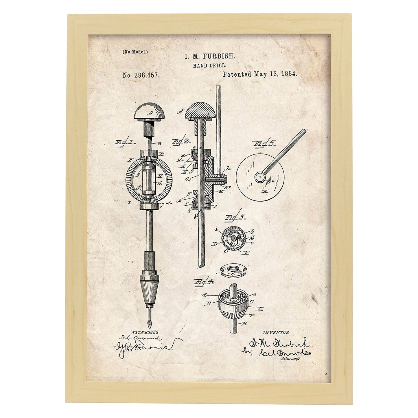 Poster con patente de Taladro de mano. Lámina con diseño de patente antigua.-Artwork-Nacnic-A4-Marco Madera clara-Nacnic Estudio SL