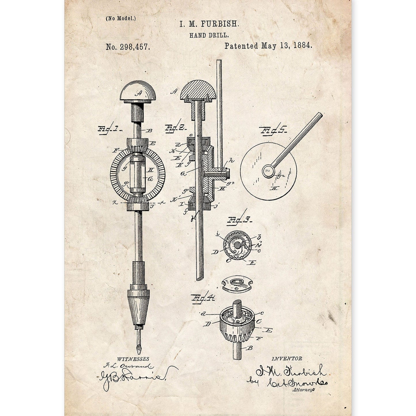 Poster con patente de Taladro de mano. Lámina con diseño de patente antigua.-Artwork-Nacnic-A4-Sin marco-Nacnic Estudio SL