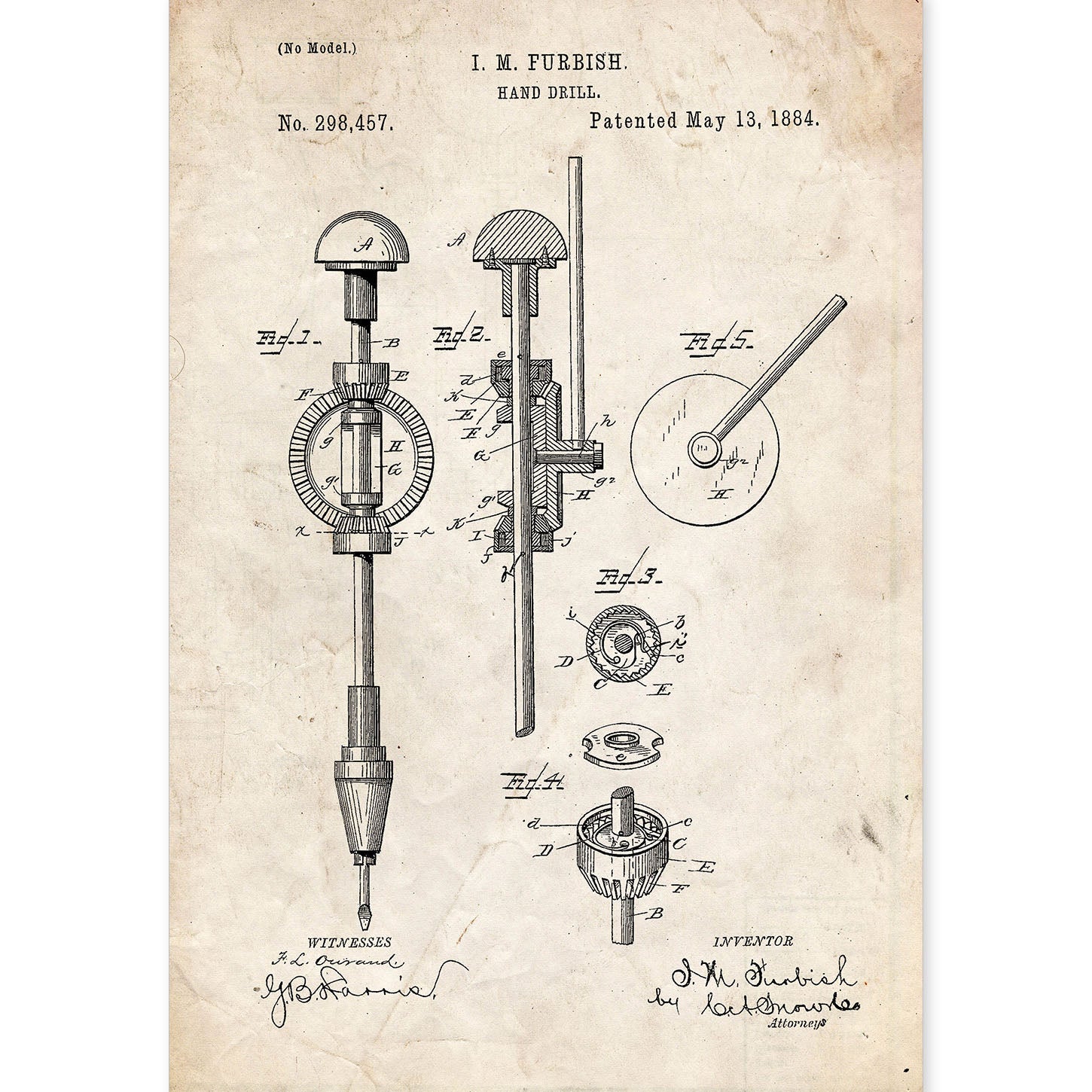 Poster con patente de Taladro de mano. Lámina con diseño de patente antigua.-Artwork-Nacnic-A4-Sin marco-Nacnic Estudio SL