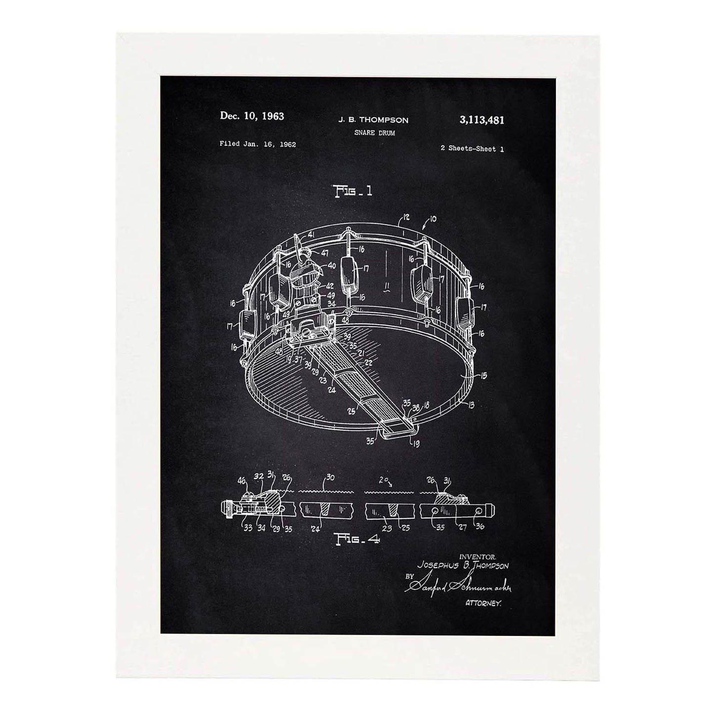 Poster con patente de Tambor. Lámina con diseño de patente antigua-Artwork-Nacnic-A3-Marco Blanco-Nacnic Estudio SL