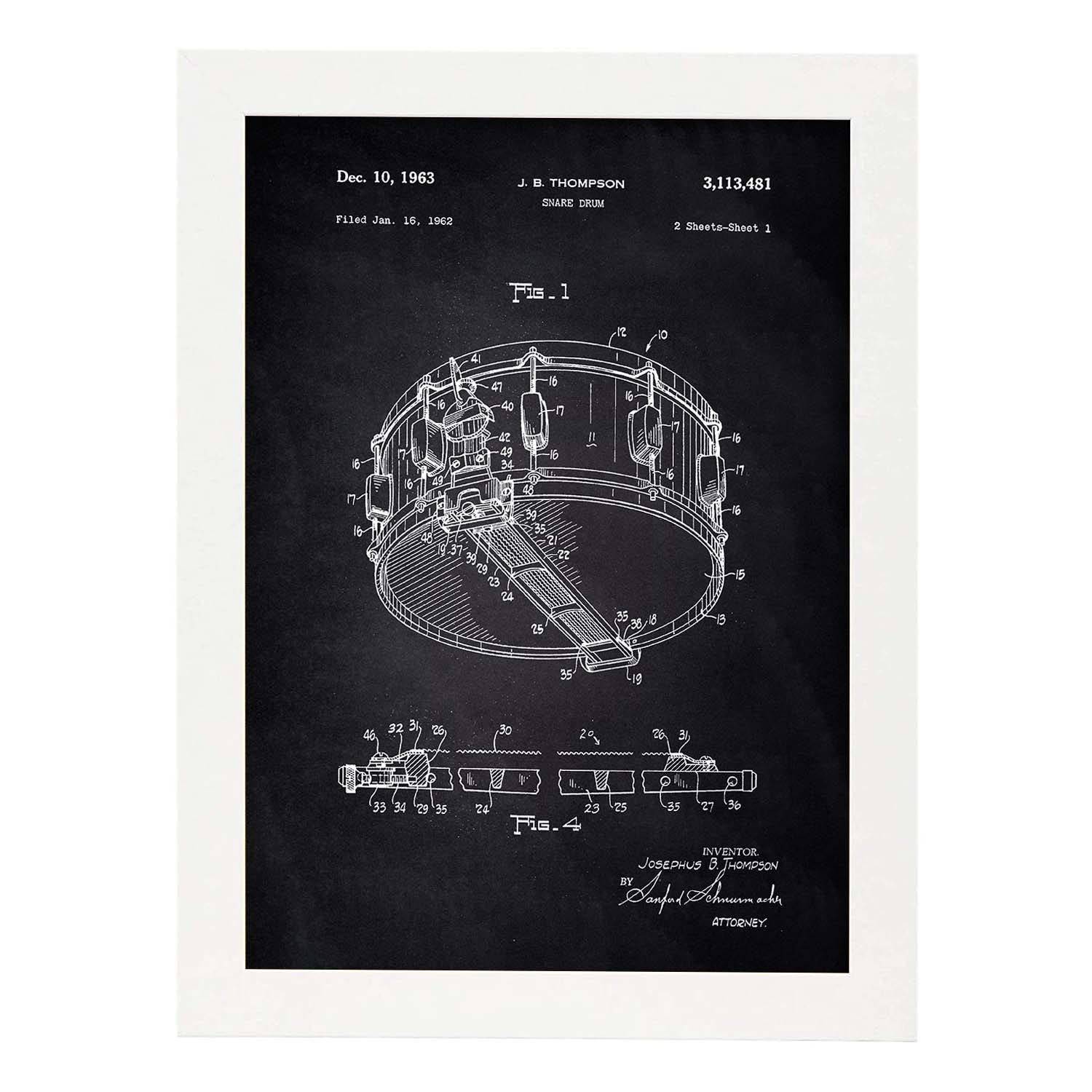 Poster con patente de Tambor. Lámina con diseño de patente antigua-Artwork-Nacnic-A4-Marco Blanco-Nacnic Estudio SL