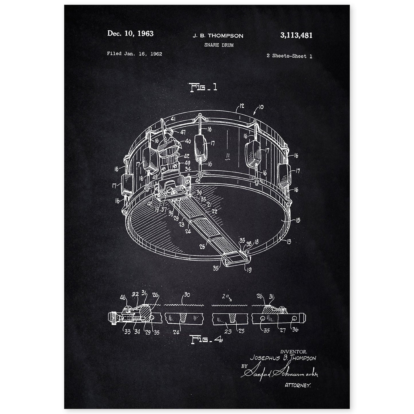 Poster con patente de Tambor. Lámina con diseño de patente antigua-Artwork-Nacnic-A4-Sin marco-Nacnic Estudio SL