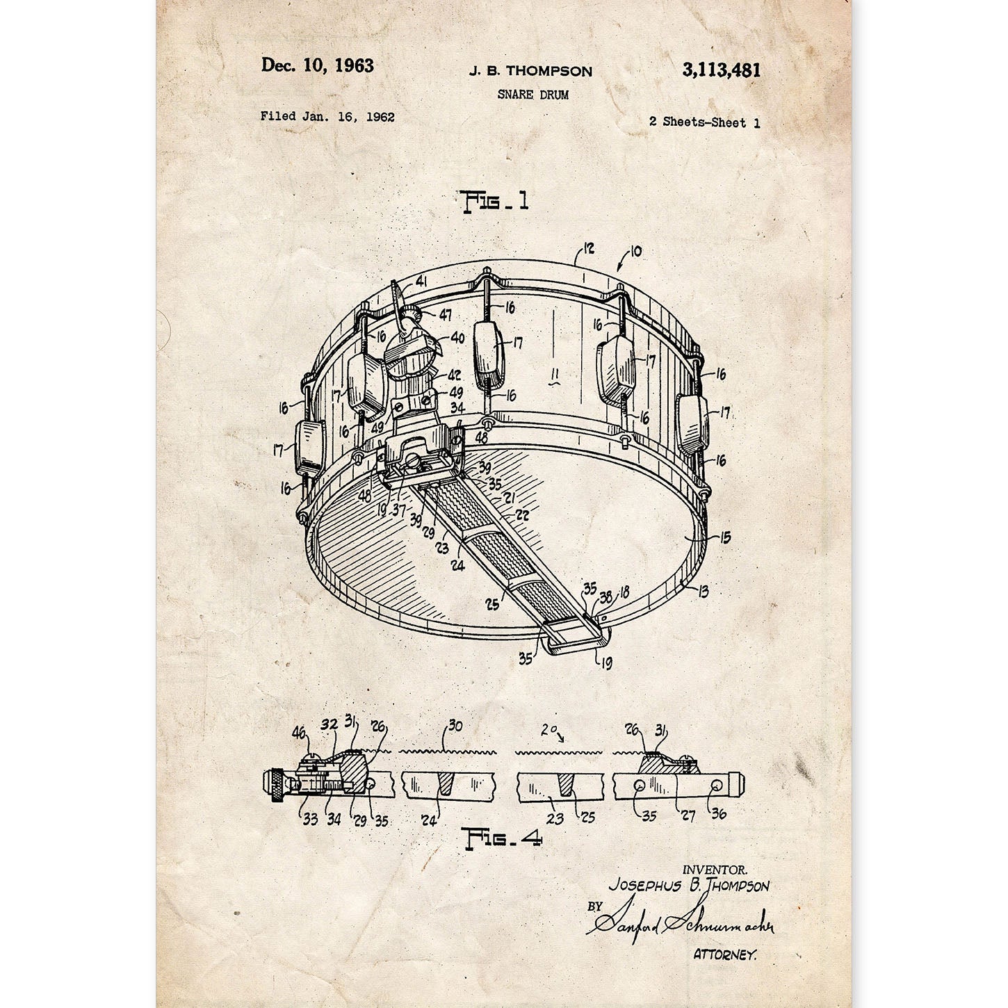 Poster con patente de Tambor. Lámina con diseño de patente antigua.-Artwork-Nacnic-A4-Sin marco-Nacnic Estudio SL