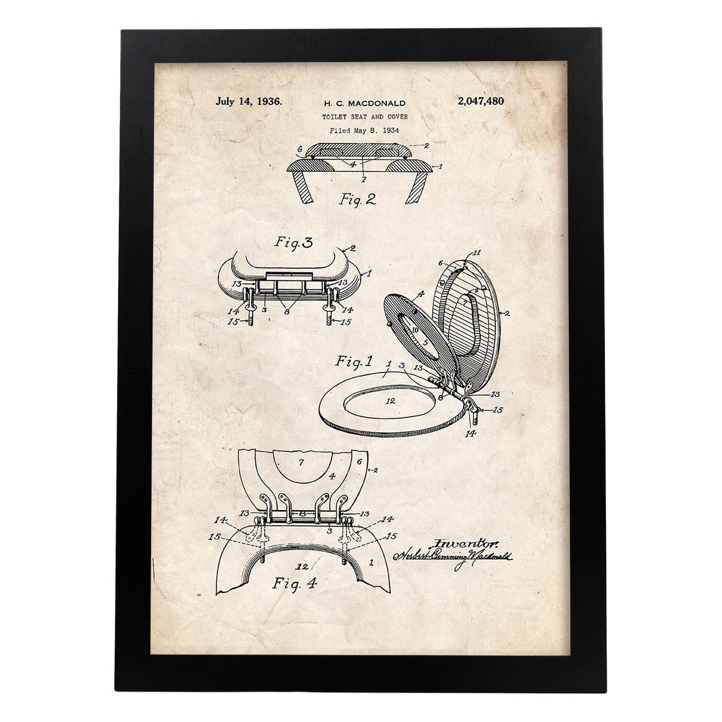 Poster con patente de Tapa de vater. Lámina con diseño de patente antigua.-Artwork-Nacnic-A3-Marco Negro-Nacnic Estudio SL