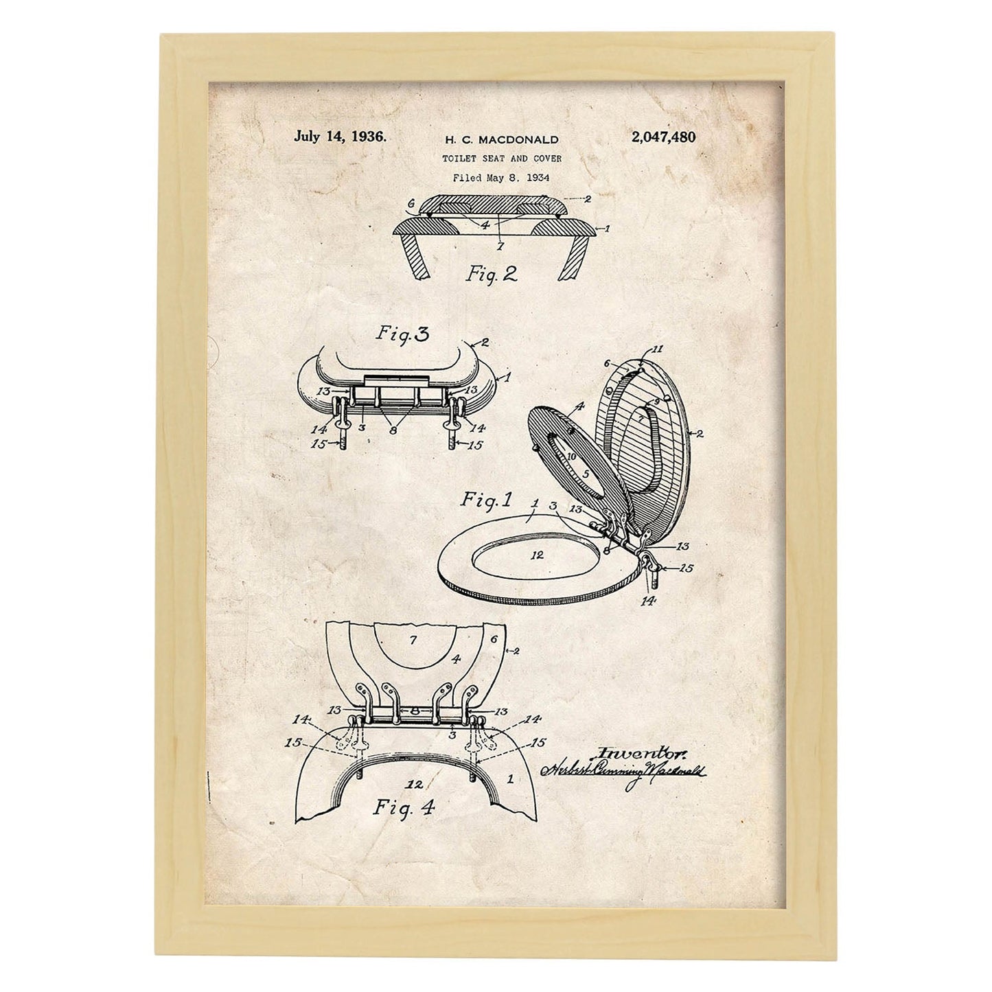 Poster con patente de Tapa de vater. Lámina con diseño de patente antigua.-Artwork-Nacnic-A4-Marco Madera clara-Nacnic Estudio SL