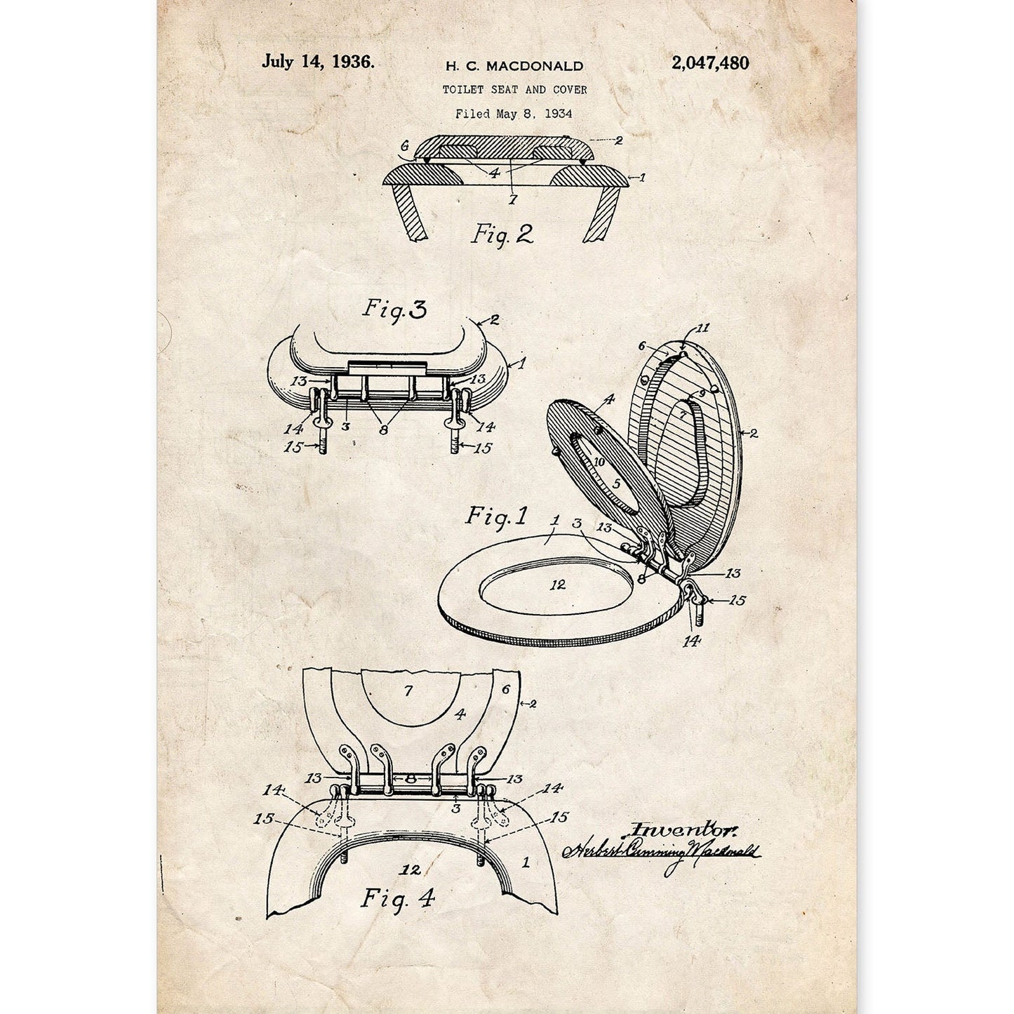 Poster con patente de Tapa de vater. Lámina con diseño de patente antigua.-Artwork-Nacnic-A4-Sin marco-Nacnic Estudio SL