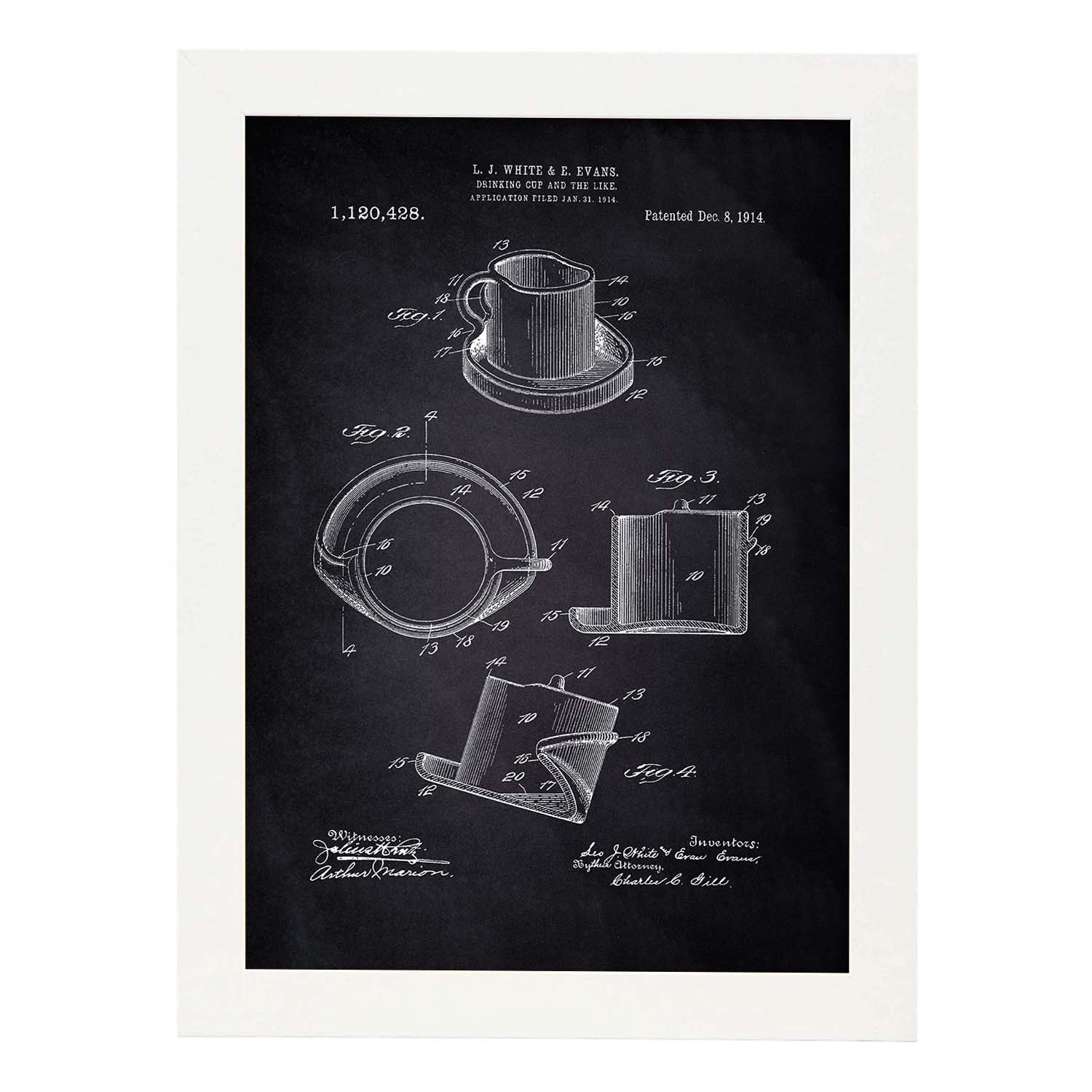 Poster con patente de Taza de diseño. Lámina con diseño de patente antigua-Artwork-Nacnic-A3-Marco Blanco-Nacnic Estudio SL