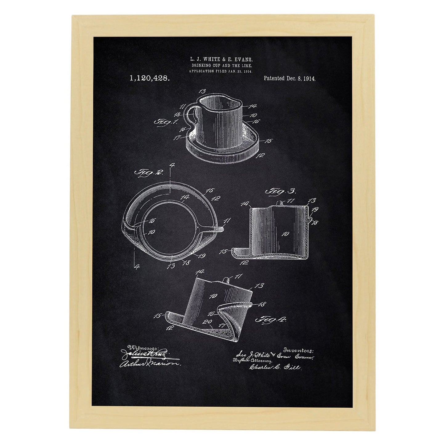 Poster con patente de Taza de diseño. Lámina con diseño de patente antigua-Artwork-Nacnic-A3-Marco Madera clara-Nacnic Estudio SL