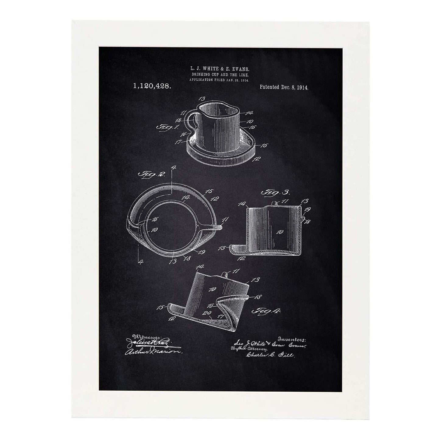Poster con patente de Taza de diseño. Lámina con diseño de patente antigua-Artwork-Nacnic-A4-Marco Blanco-Nacnic Estudio SL