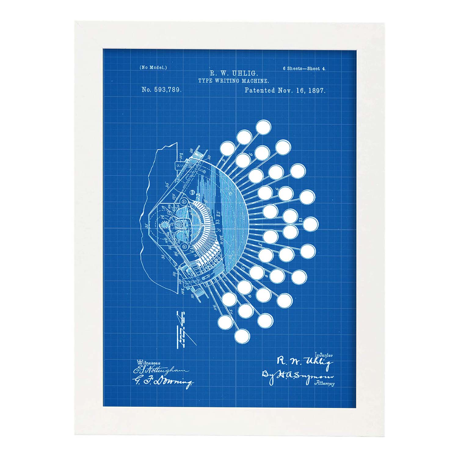 Poster con patente de Teclado escritura. Lámina con diseño de patente antigua-Artwork-Nacnic-A3-Marco Blanco-Nacnic Estudio SL