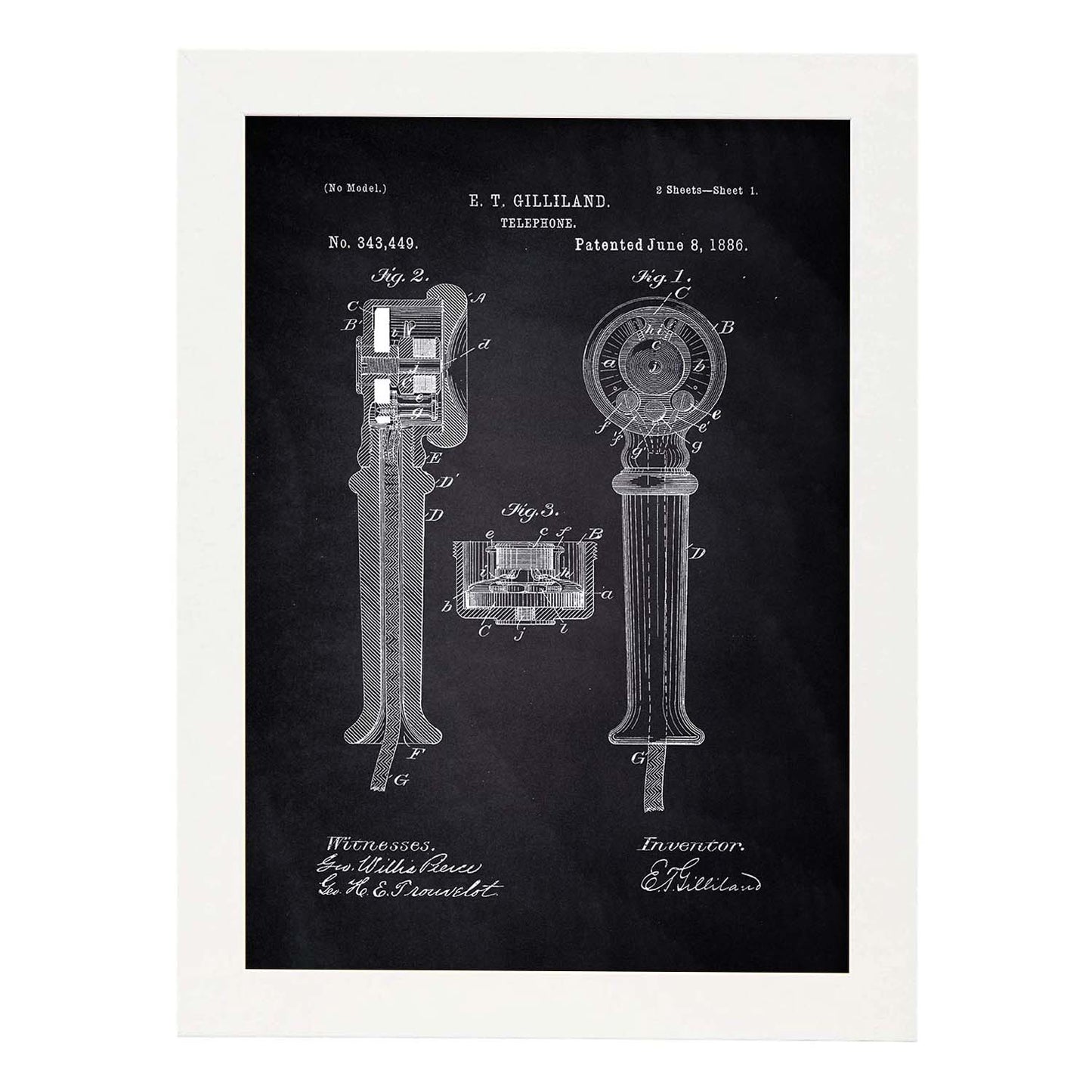 Poster con patente de Telefono. Lámina con diseño de patente antigua-Artwork-Nacnic-A3-Marco Blanco-Nacnic Estudio SL