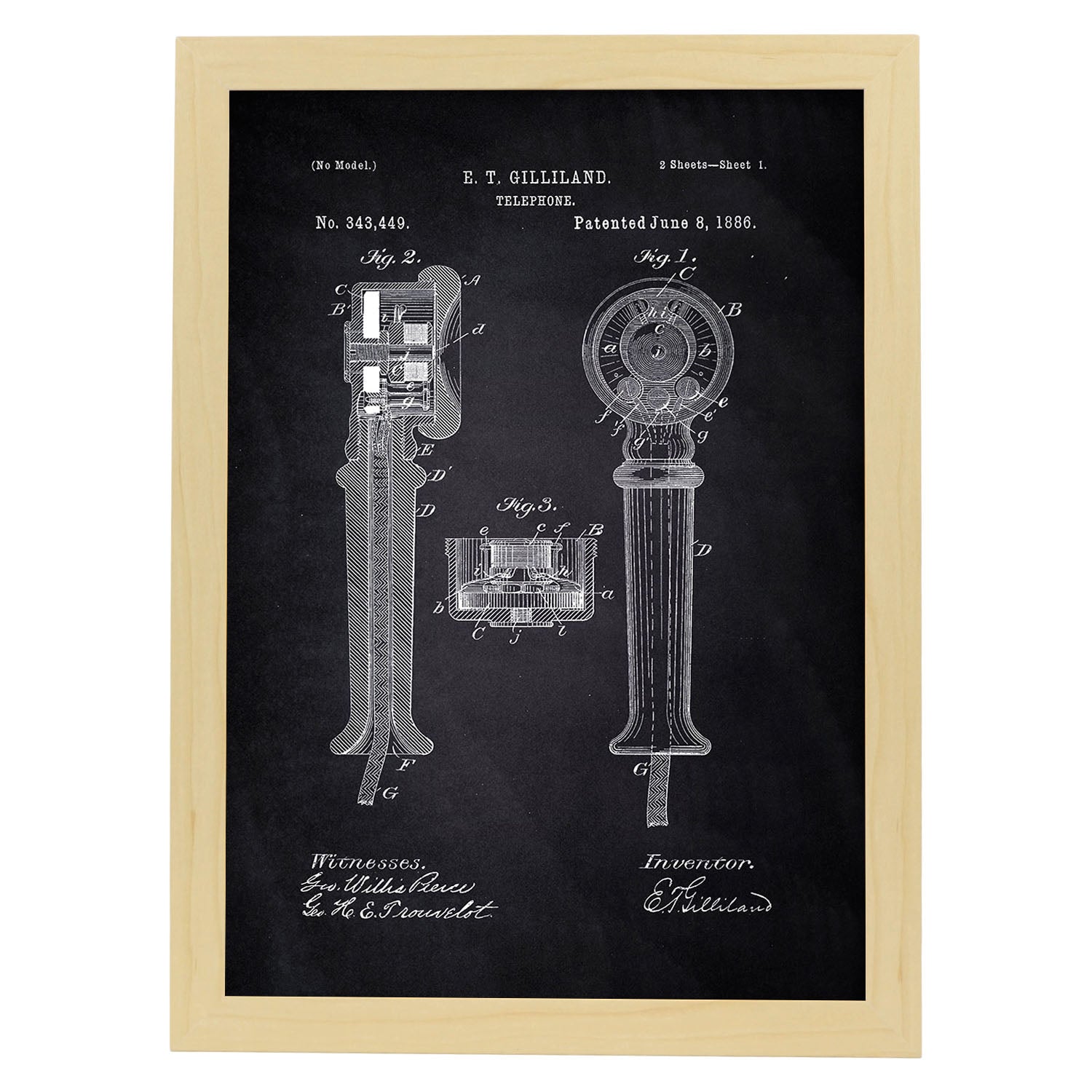 Poster con patente de Telefono. Lámina con diseño de patente antigua-Artwork-Nacnic-A3-Marco Madera clara-Nacnic Estudio SL