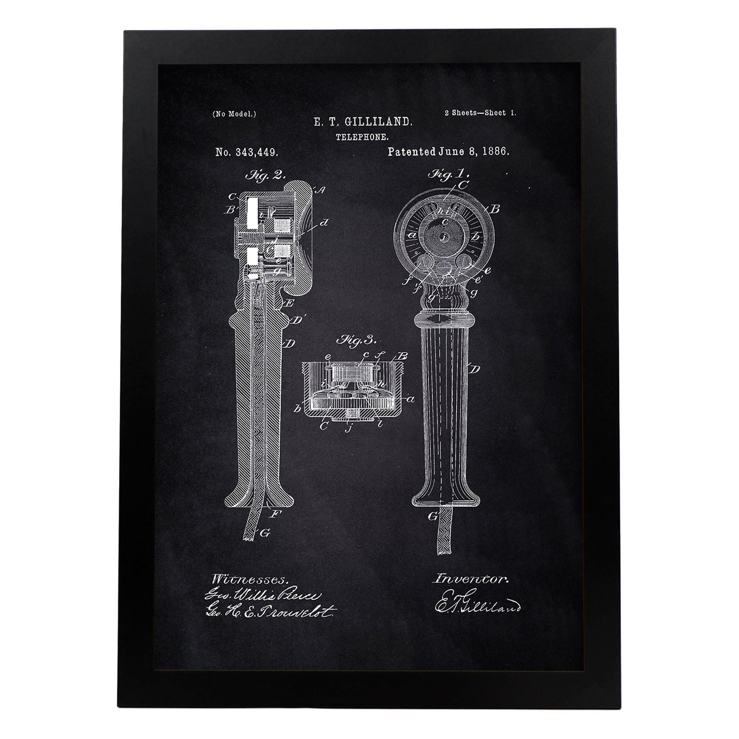 Poster con patente de Telefono. Lámina con diseño de patente antigua-Artwork-Nacnic-A3-Marco Negro-Nacnic Estudio SL