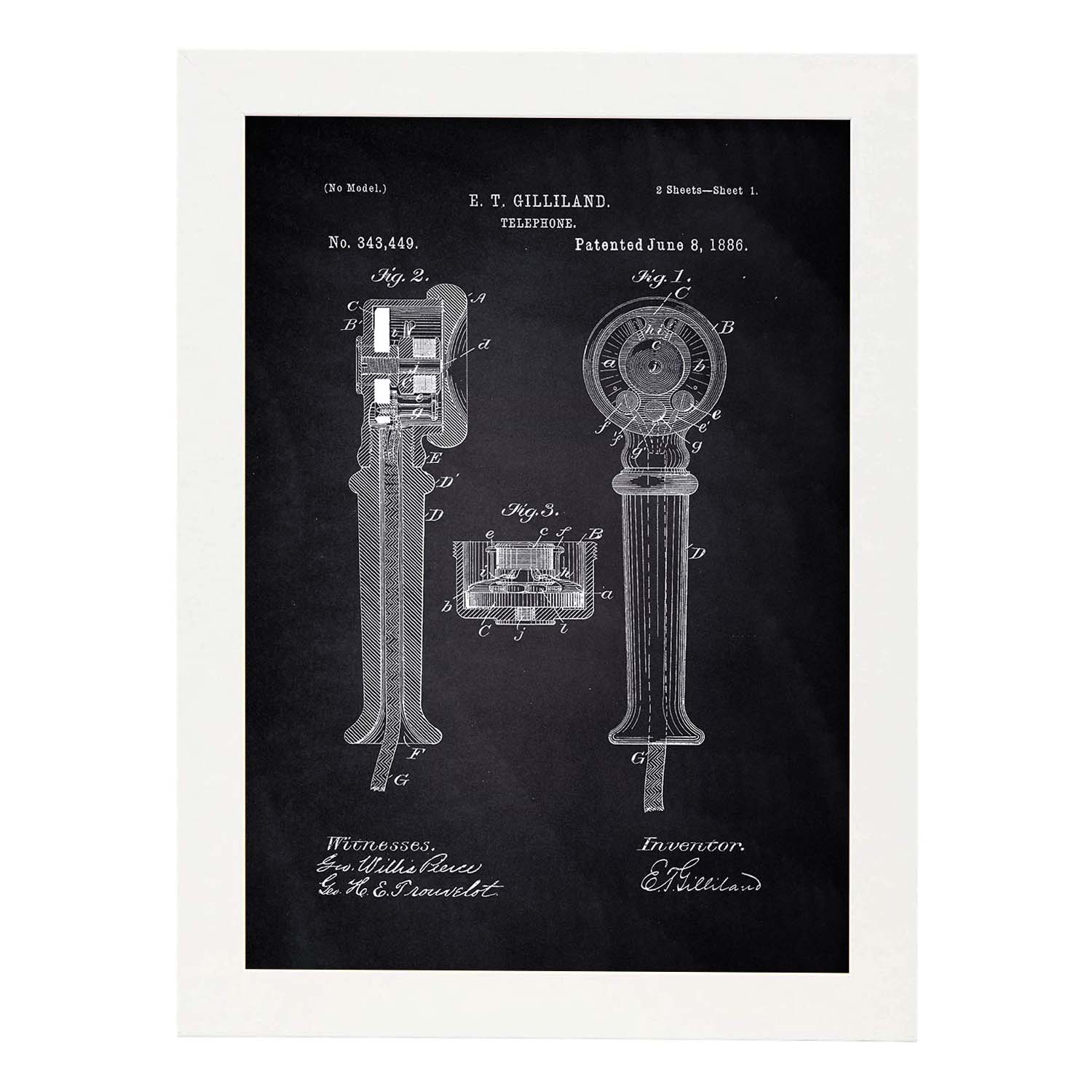 Poster con patente de Telefono. Lámina con diseño de patente antigua-Artwork-Nacnic-A4-Marco Blanco-Nacnic Estudio SL