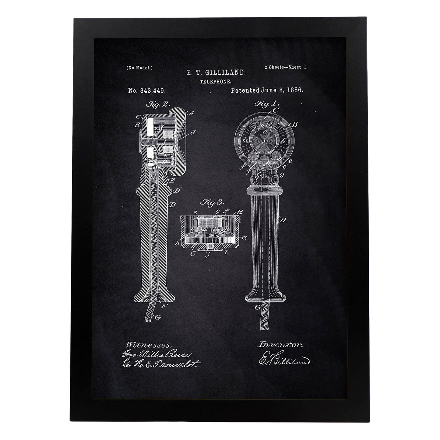 Poster con patente de Telefono. Lámina con diseño de patente antigua-Artwork-Nacnic-A4-Marco Negro-Nacnic Estudio SL