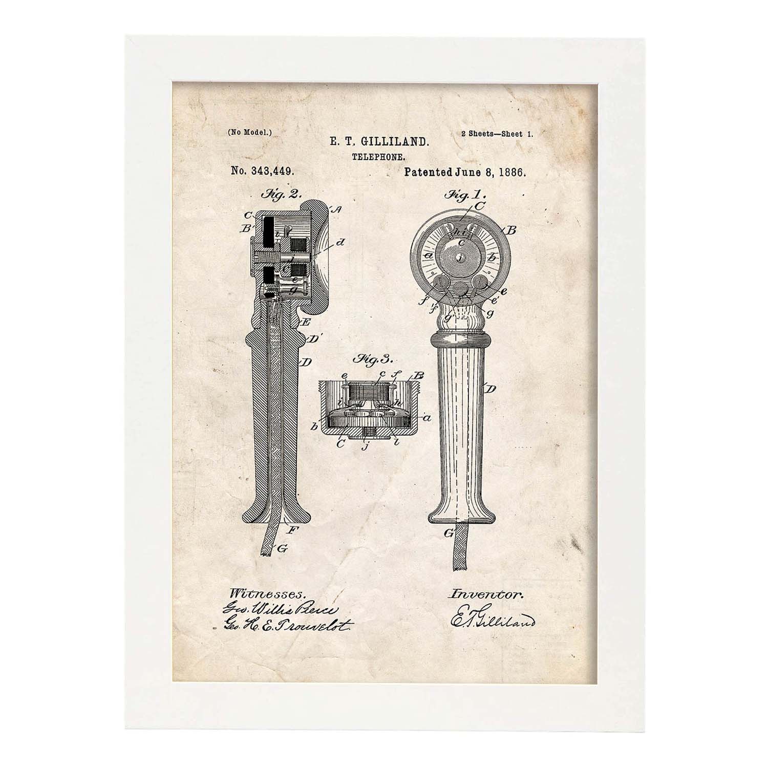 Poster con patente de Telefono. Lámina con diseño de patente antigua.-Artwork-Nacnic-A3-Marco Blanco-Nacnic Estudio SL