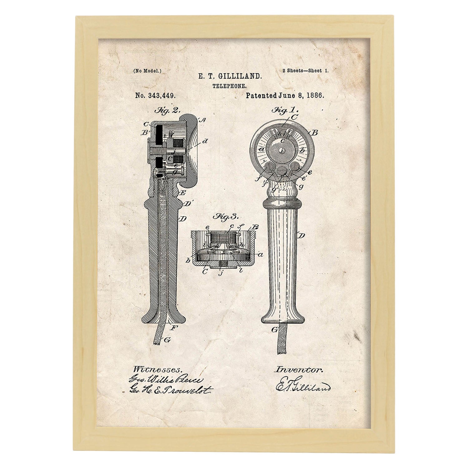 Poster con patente de Telefono. Lámina con diseño de patente antigua.-Artwork-Nacnic-A3-Marco Madera clara-Nacnic Estudio SL