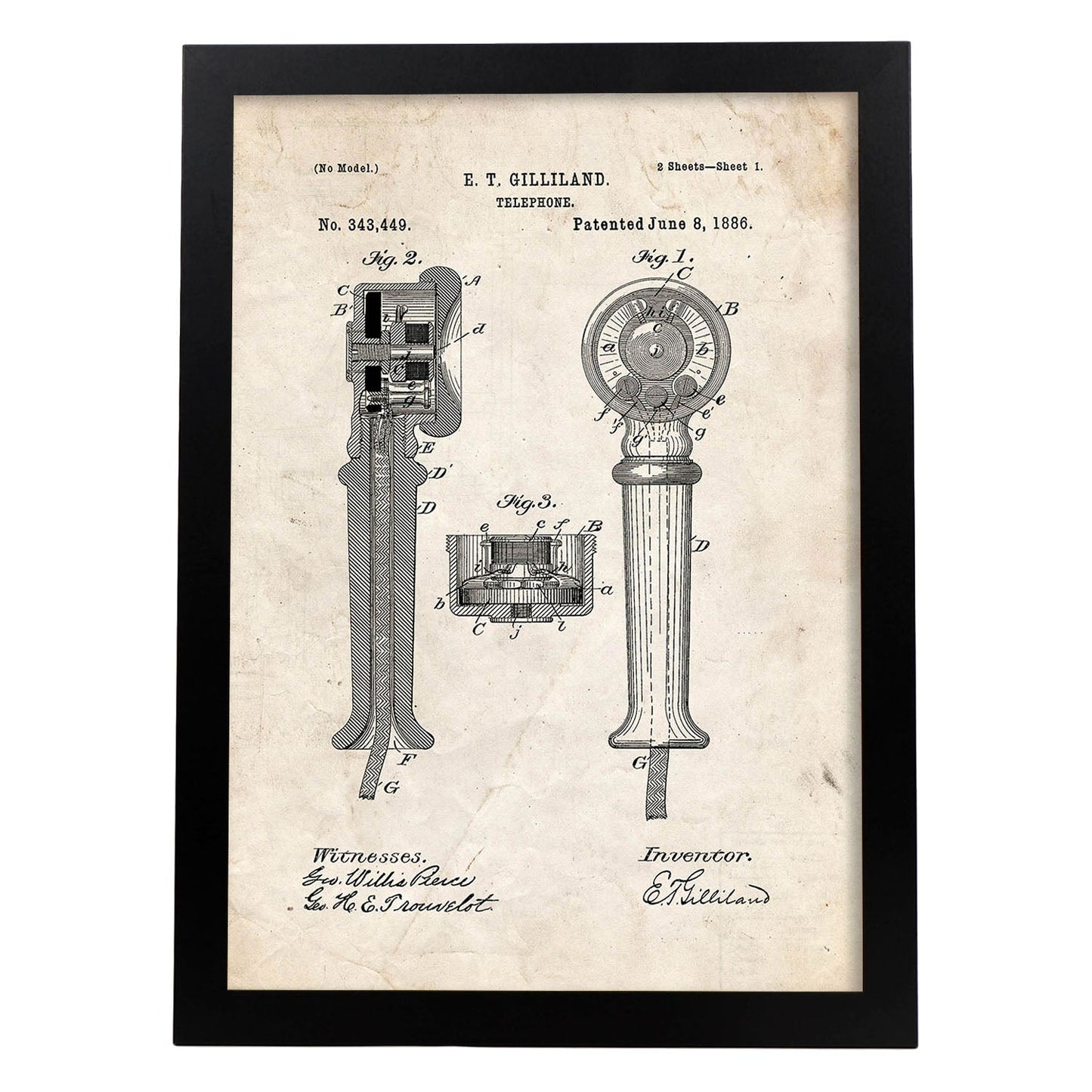 Poster con patente de Telefono. Lámina con diseño de patente antigua.-Artwork-Nacnic-A3-Marco Negro-Nacnic Estudio SL