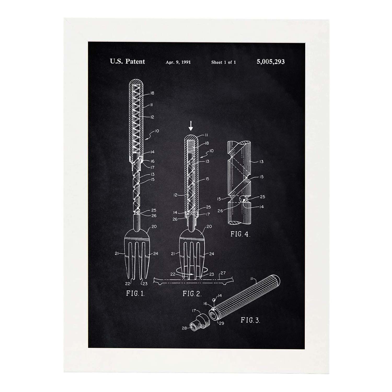 Poster con patente de Tenedor 2. Lámina con diseño de patente antigua-Artwork-Nacnic-A3-Marco Blanco-Nacnic Estudio SL