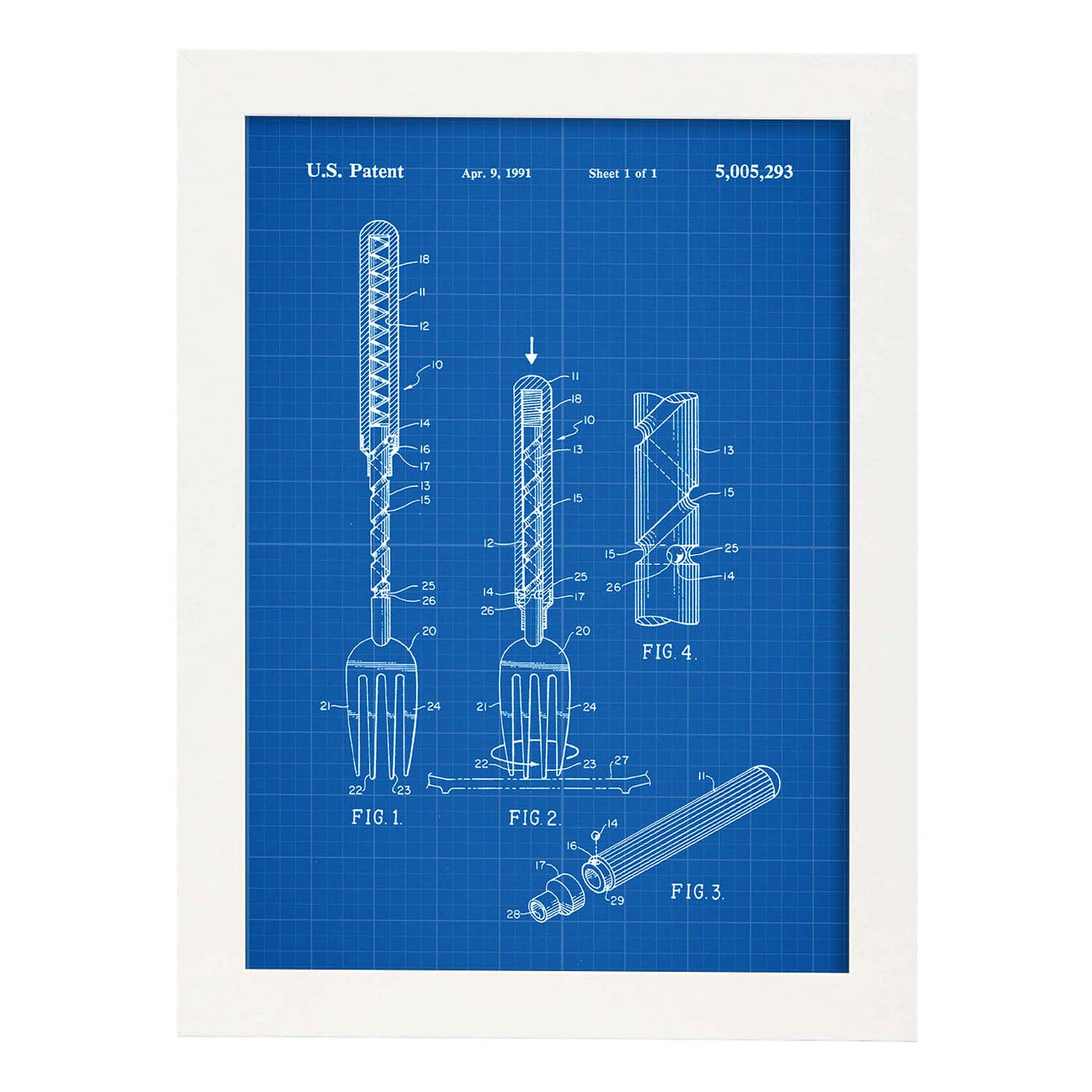 Poster con patente de Tenedor 2. Lámina con diseño de patente antigua-Artwork-Nacnic-A3-Marco Blanco-Nacnic Estudio SL