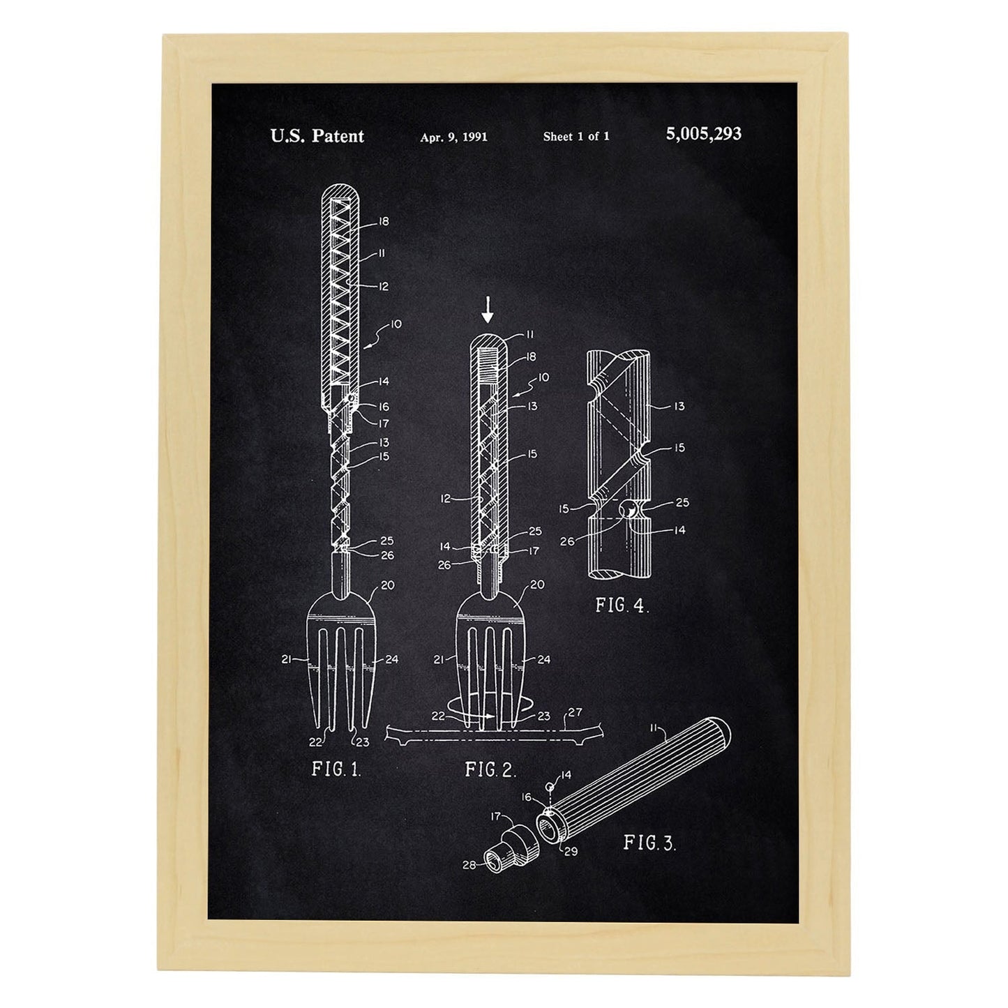 Poster con patente de Tenedor 2. Lámina con diseño de patente antigua-Artwork-Nacnic-A3-Marco Madera clara-Nacnic Estudio SL