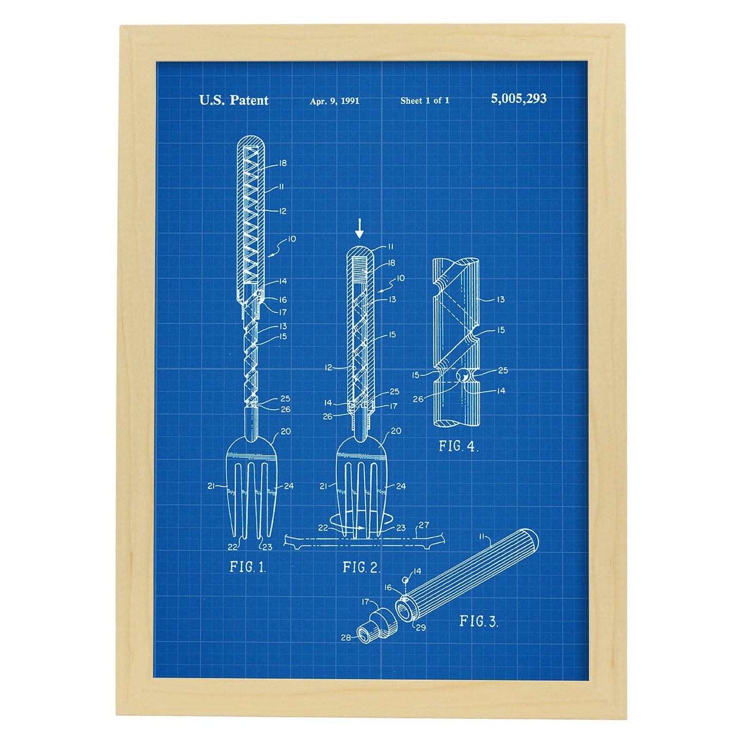 Poster con patente de Tenedor 2. Lámina con diseño de patente antigua-Artwork-Nacnic-A3-Marco Madera clara-Nacnic Estudio SL