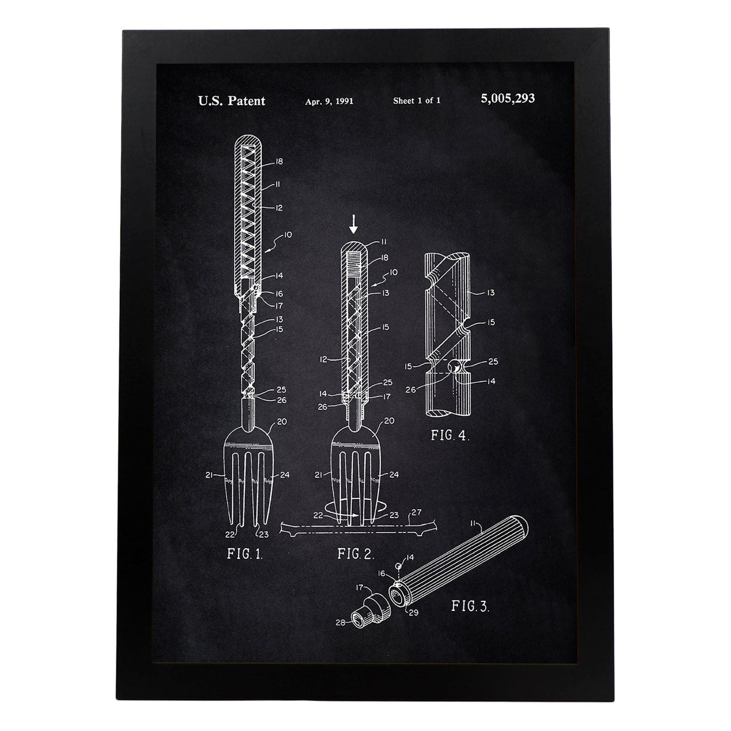 Poster con patente de Tenedor 2. Lámina con diseño de patente antigua-Artwork-Nacnic-A3-Marco Negro-Nacnic Estudio SL