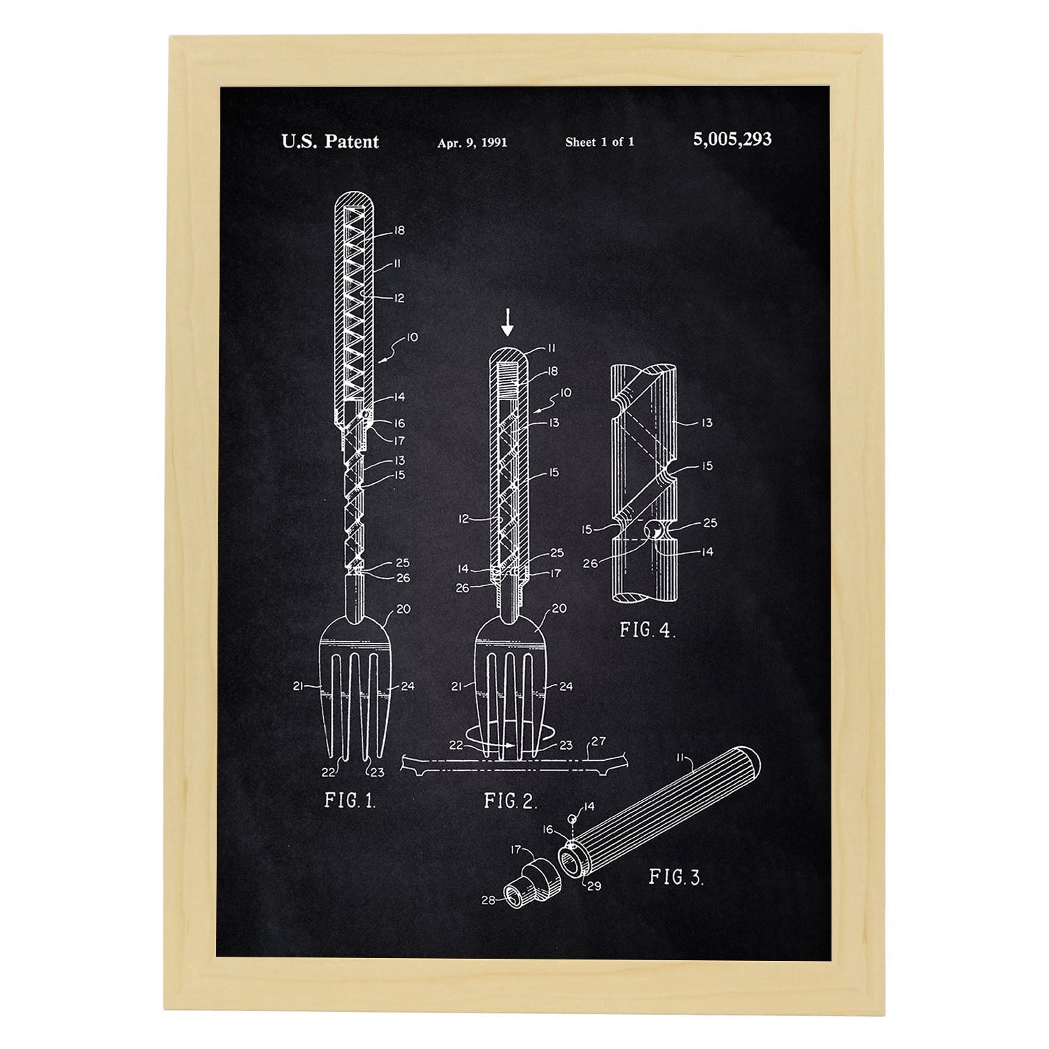Poster con patente de Tenedor 2. Lámina con diseño de patente antigua-Artwork-Nacnic-A4-Marco Madera clara-Nacnic Estudio SL