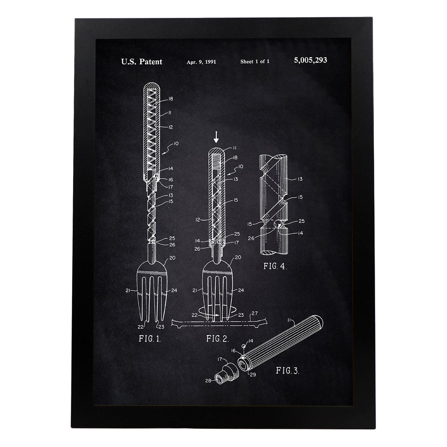 Poster con patente de Tenedor 2. Lámina con diseño de patente antigua-Artwork-Nacnic-A4-Marco Negro-Nacnic Estudio SL